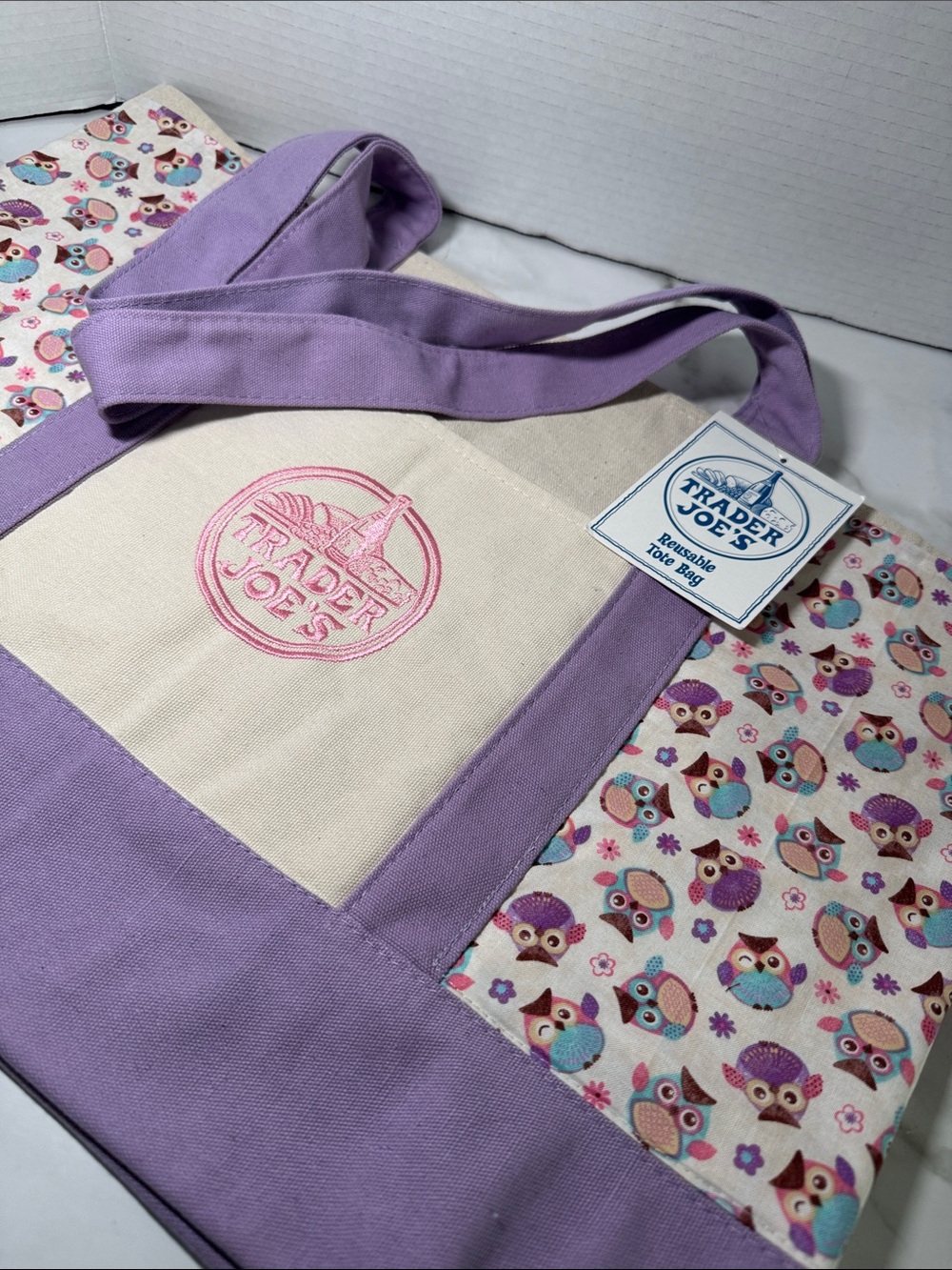 New Trader Joe’s Large Lavender Canvas Tote Bag with Custom Side Pockets